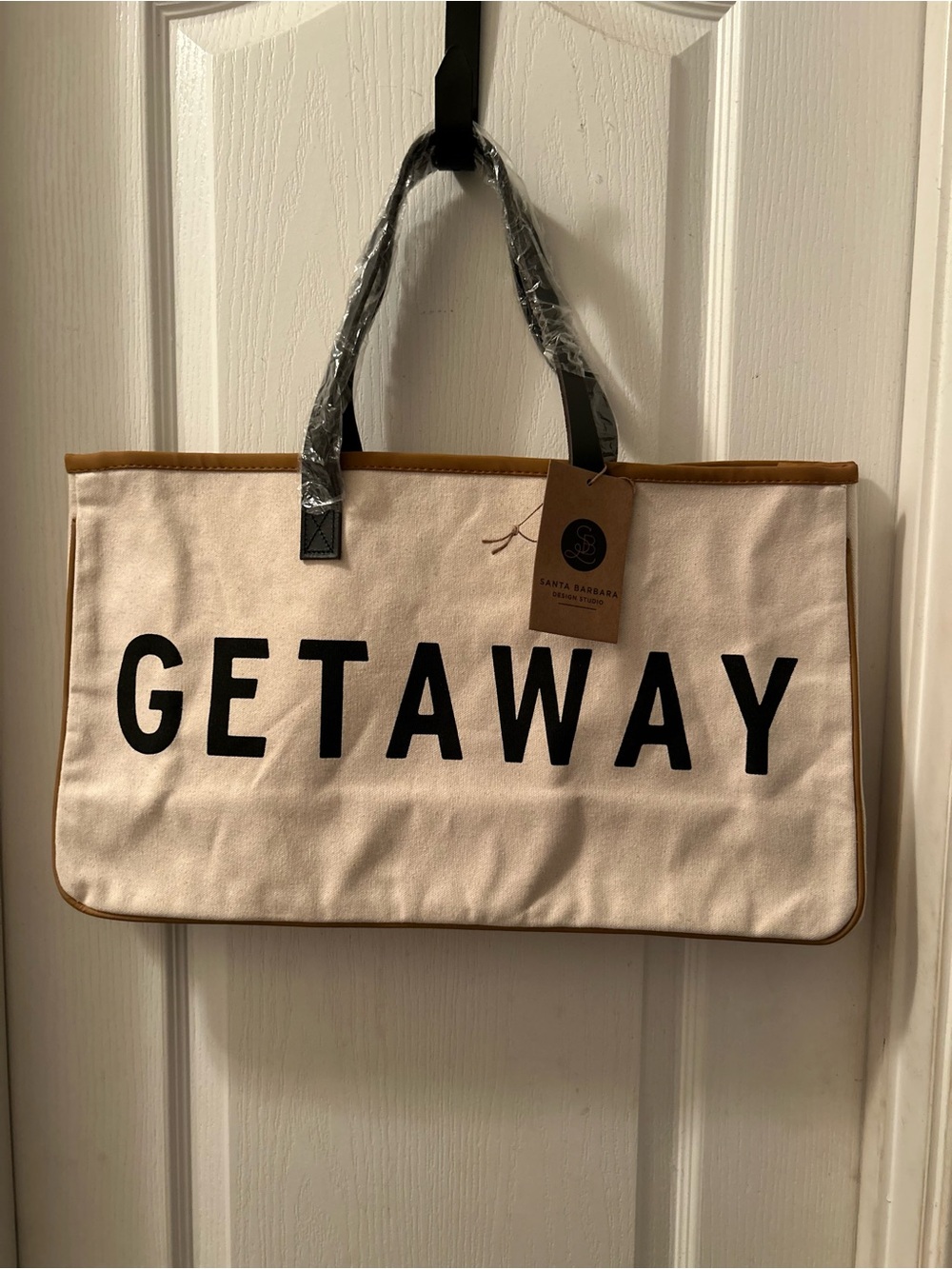 Santa Barbara Canvas Getaway Travel Tote - Cream with Black Lettering